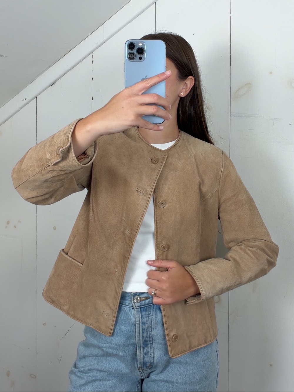 Vintage Talbots Tan Suede Leather Collarless Button Front Short Jacket Womens 10